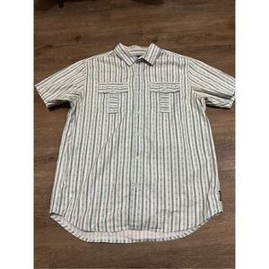 Prana Mens Striped Geometric Button Up Shirt Chest Pockets Organic Cotton Sz M